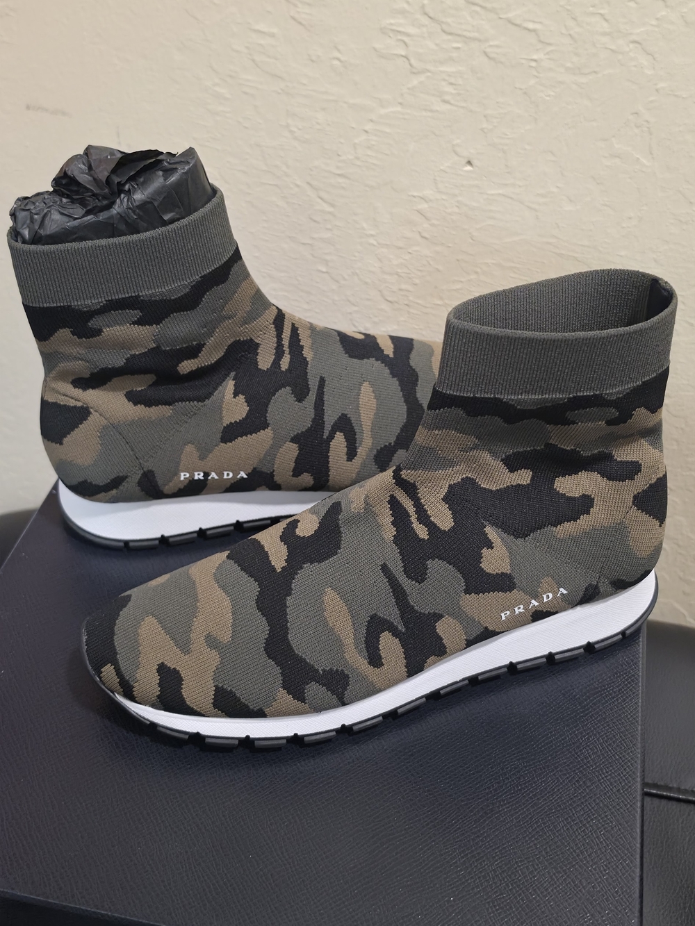 Prada Men's Camouflage Knit Sock Sneakers in Olive and Black